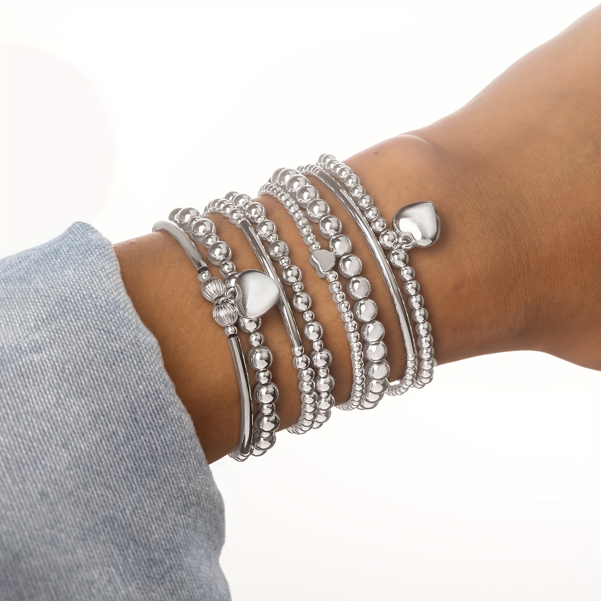 8pc Silvery Beaded Heart Pendant Multi-layered Stackable Bracelet Set